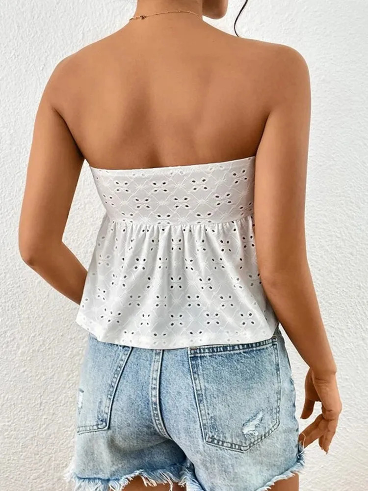 Women Fashion Casual Summer Wrap Chest Tops Strapless Backless Lace-up Wooden Ear Edge Sexy Tees Knit Solid Hollow Out Vest 250415