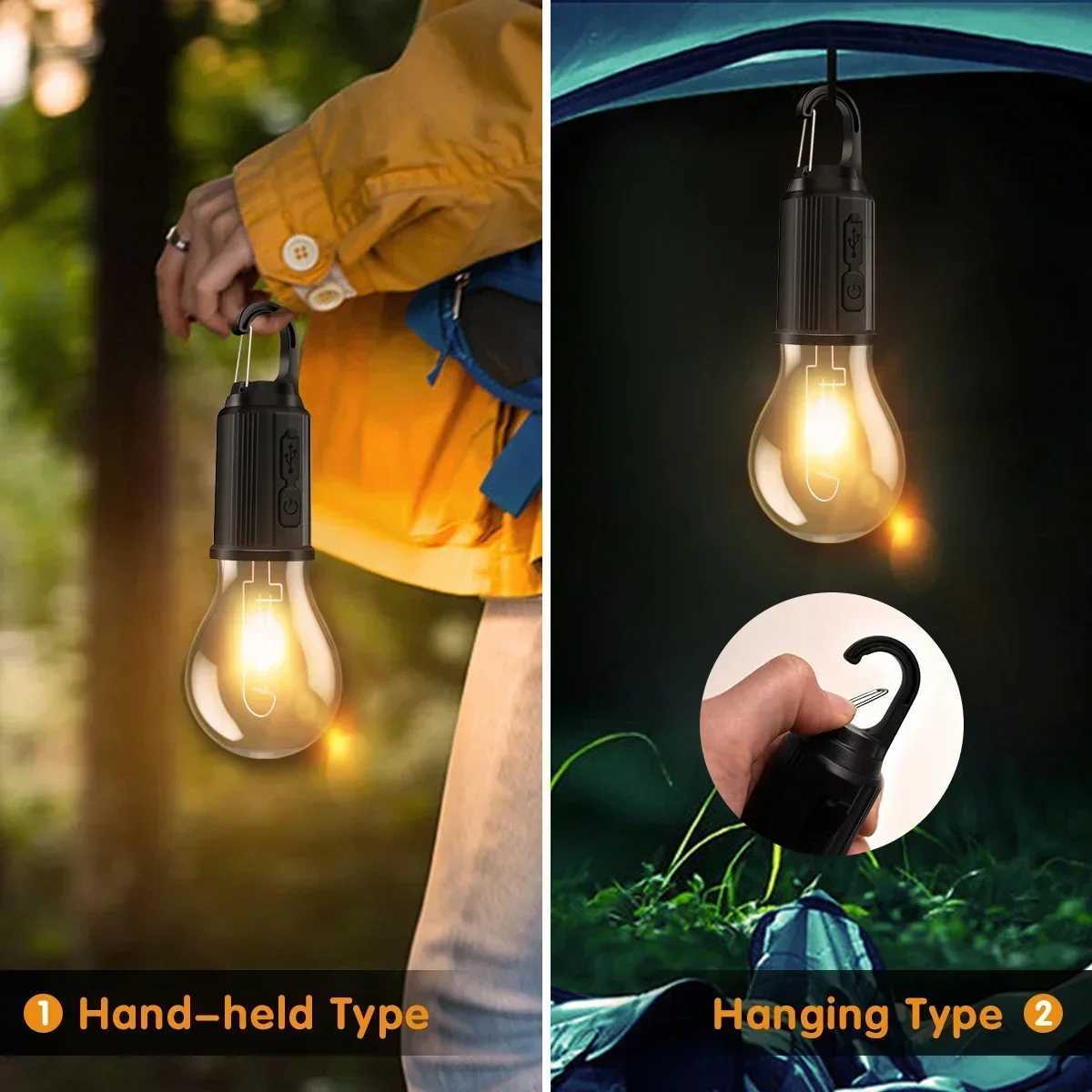 Portable LED Camping Light Type-C Charging Warm Light Camping Lamp with Hook Waterproof Lighting Lantern for Hiking Fishing M251115