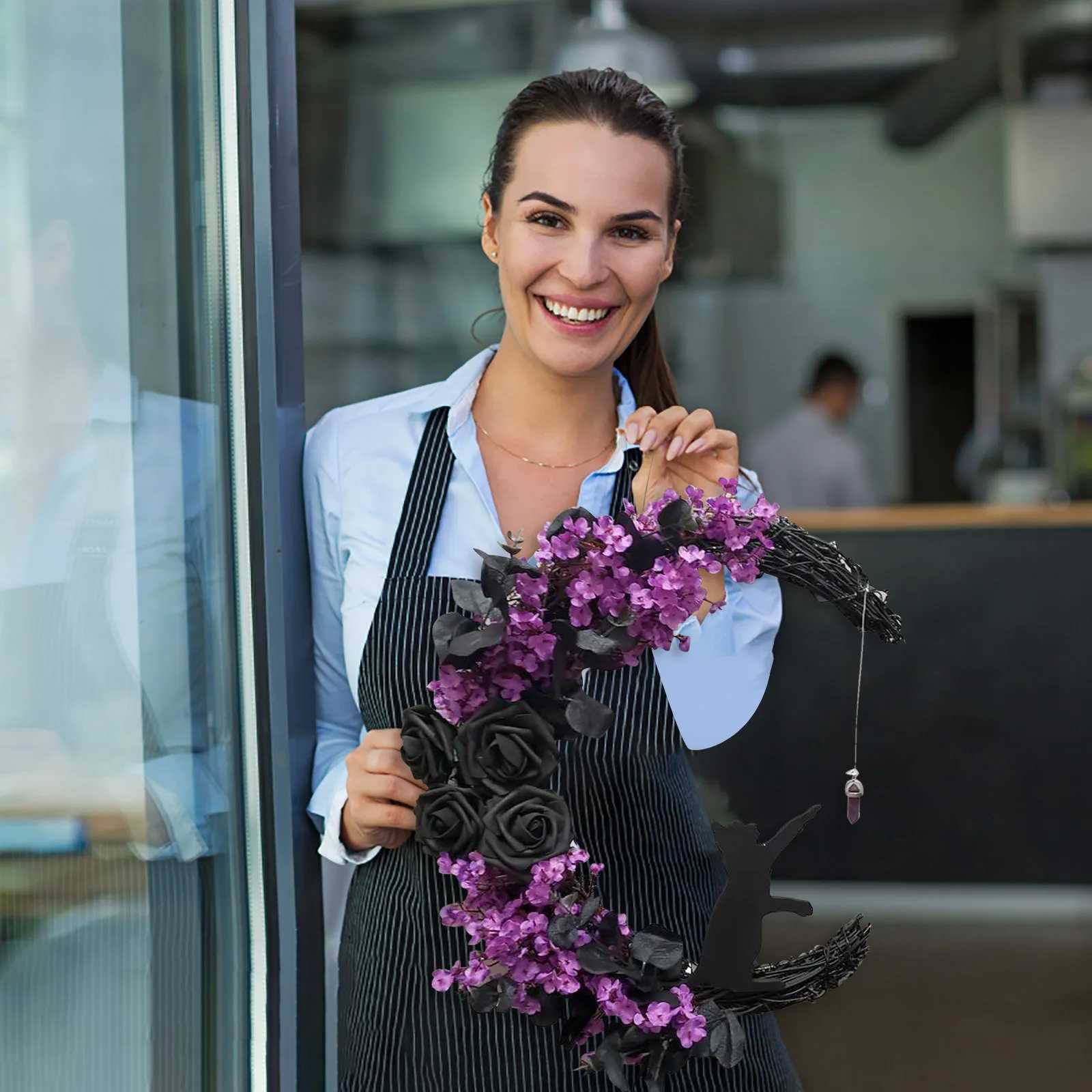 Moon Shaped Door Wreaths Halloween Decorations Welcome Sign Goth Roses Black Cats Garland Front Door Ornament Halloween SignsM251115
