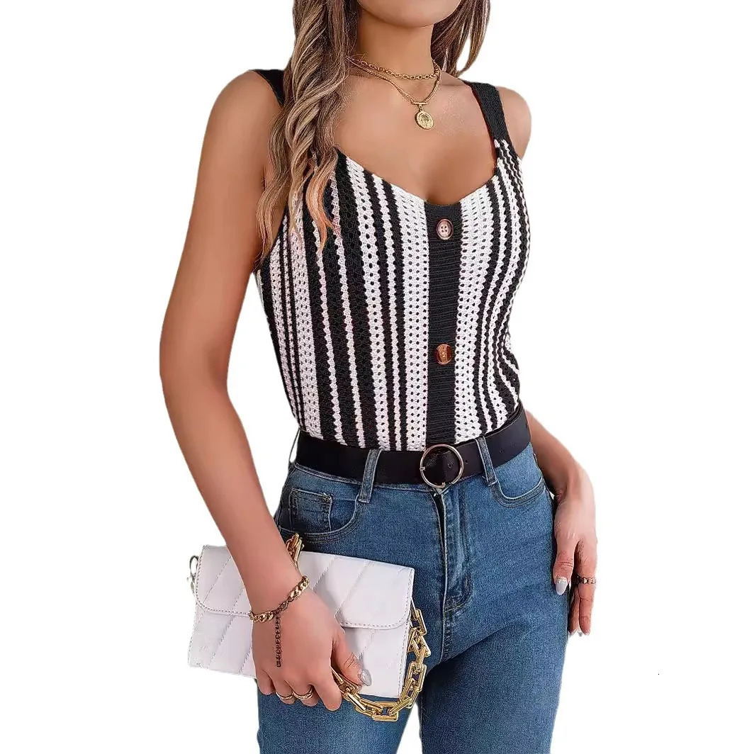 Summer Womens Camisole Stripe V-neck Button-contrast Hollow Ladies Tank Tops Womens Knit Halter Top Sexy Summer Womens Tops 250415