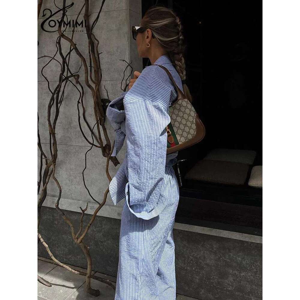 Oymimi Casual Dark Blue Print Women's Two Pieces Elegant Long Sleeve Button Shirt And Low Waist Straight Trousers Female Set