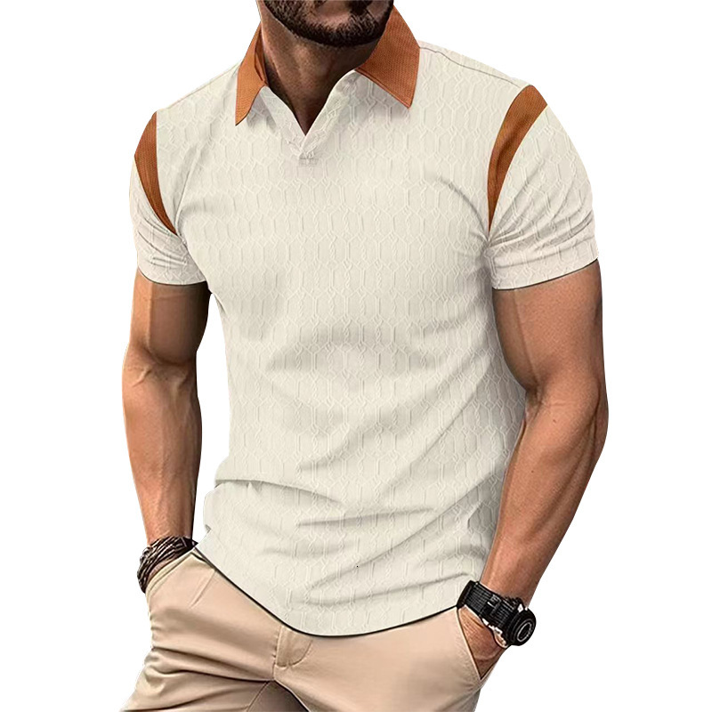 2025 summer new slim fit polo waffle jacquard color blocked lapel men's short sleeved shirt