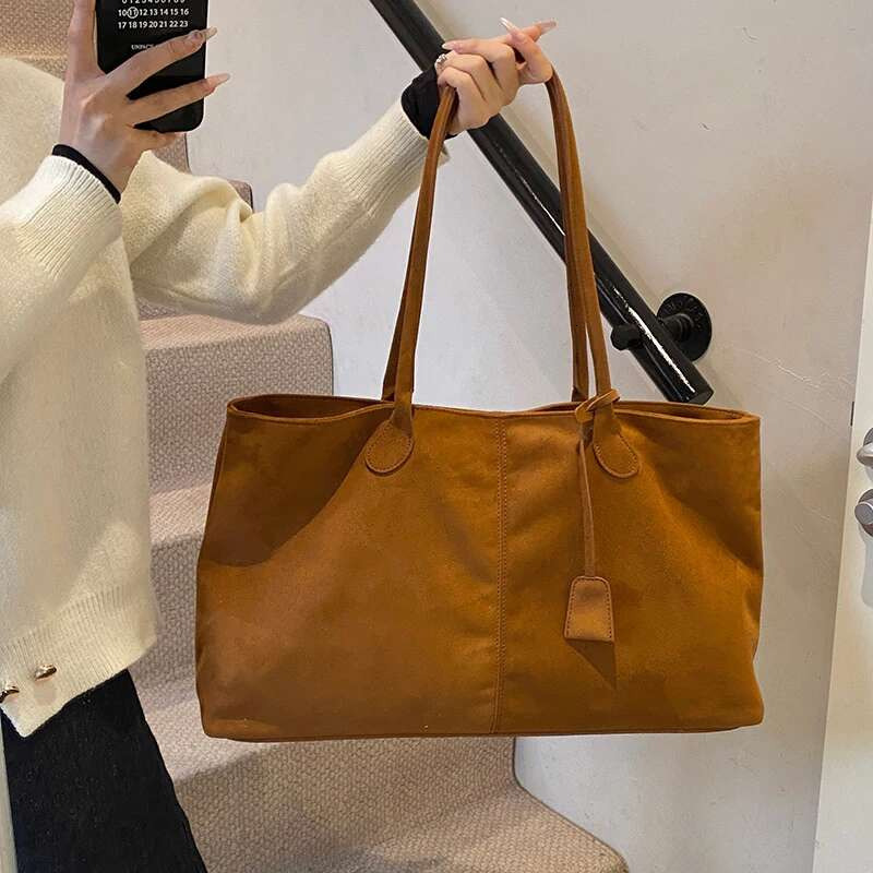 Women Suede Tote Solid Color Handbag Large Capacity Underarm Satchel Bag For Work Travel Shopping
