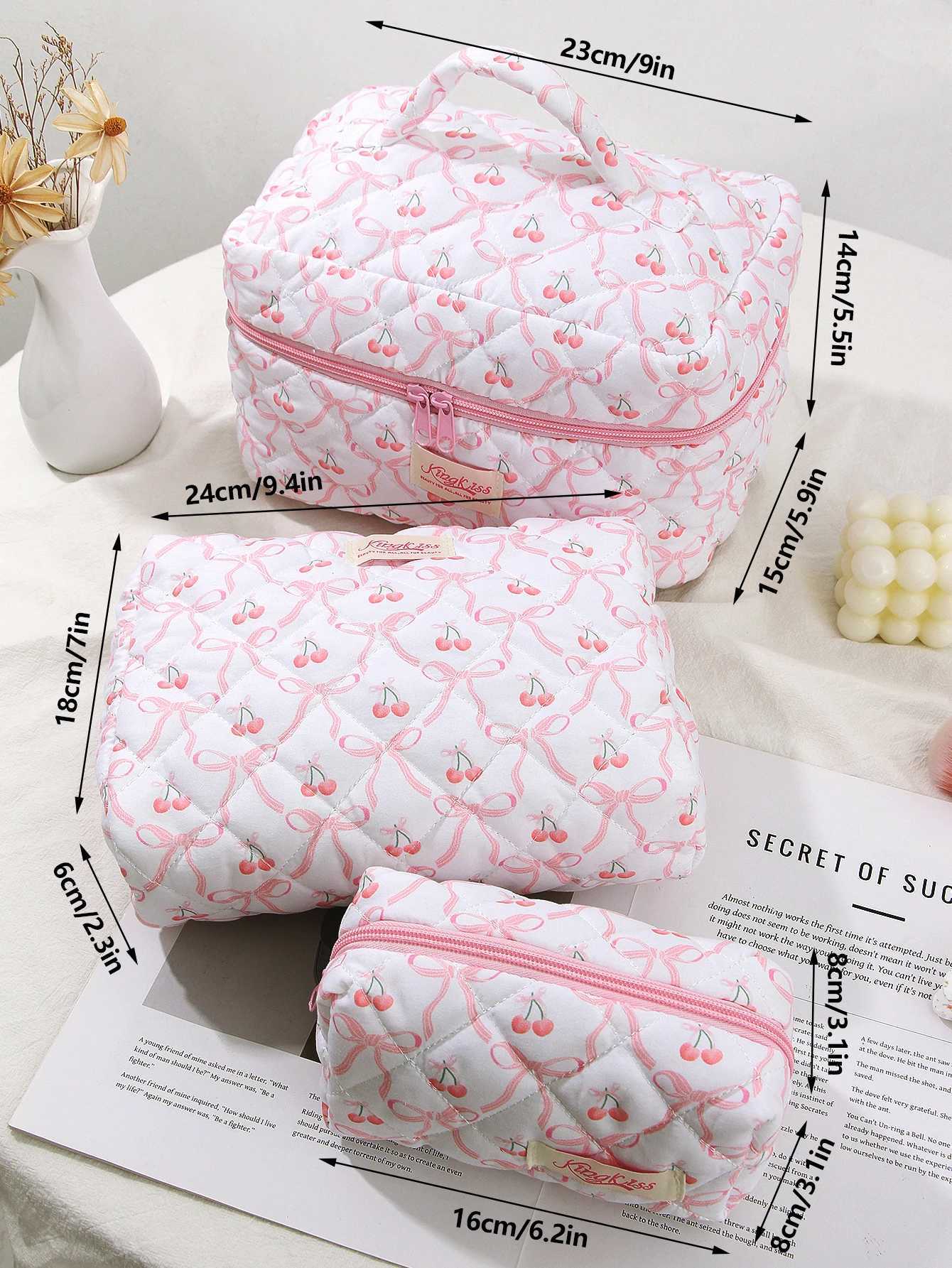 1 piece/set of pink bow tie and cherry print quilted large capacity makeup bag customizable portable makeup bag for girls travel makeup bagXJ250415