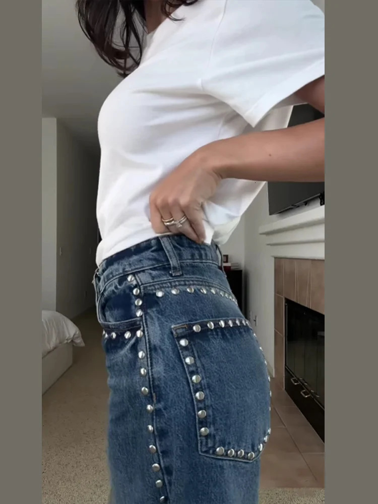 Fashionable womens side pearl decorated denim jeans high waist wide leg pants 2025 trend streetwear y mens style 250414