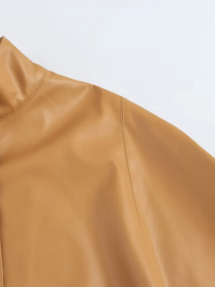 European and American spring loose casual stand up collar long sleeved zipper leather hat jacket 250410