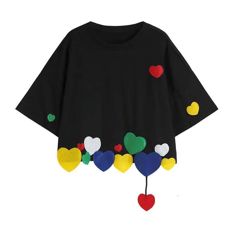 Woman T-shirts 2022 New Summer Cotton Chiffon Tops Casual Short Solid O-Neck Heart Girls T-shirt Y2k Top