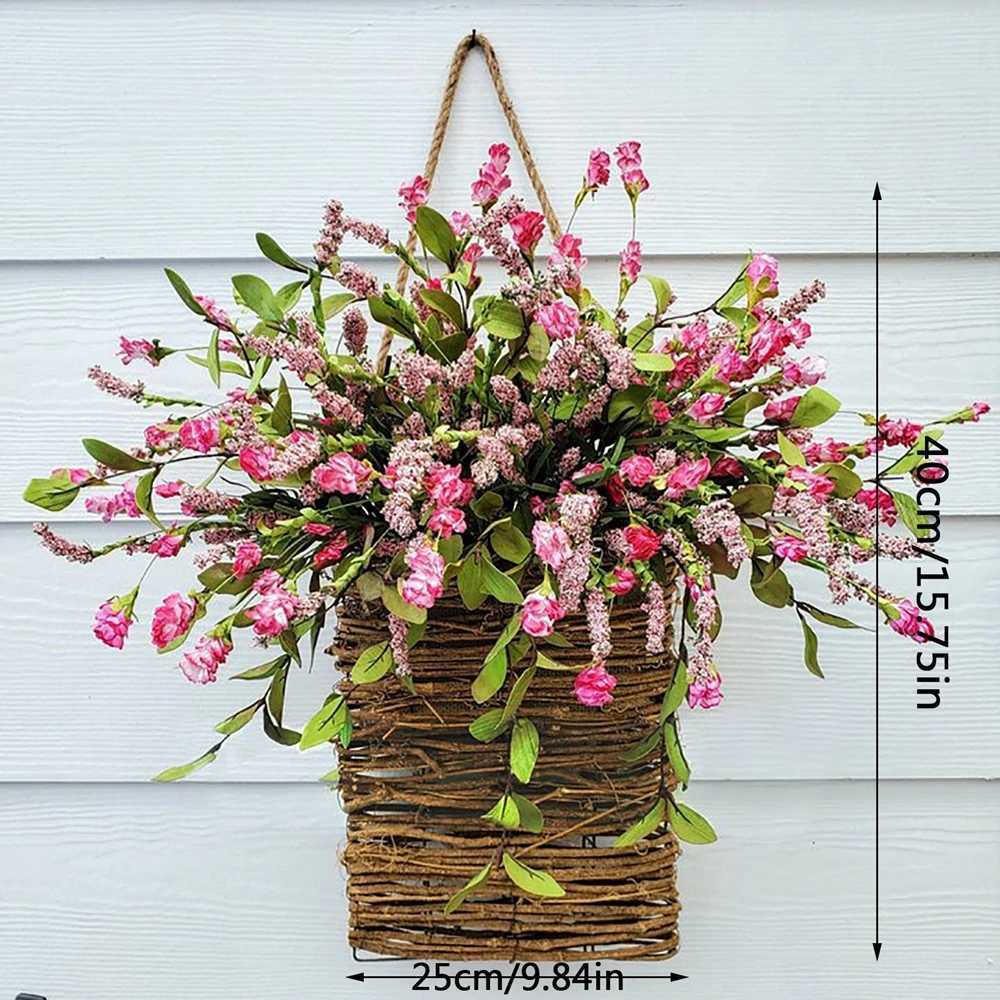 Artificial Flower Wreath Spring Summer Wildflowers Door Hanging Basket Wreath Pink Berry Hanger Wreath Farmhouse Cottage GarlandM251115