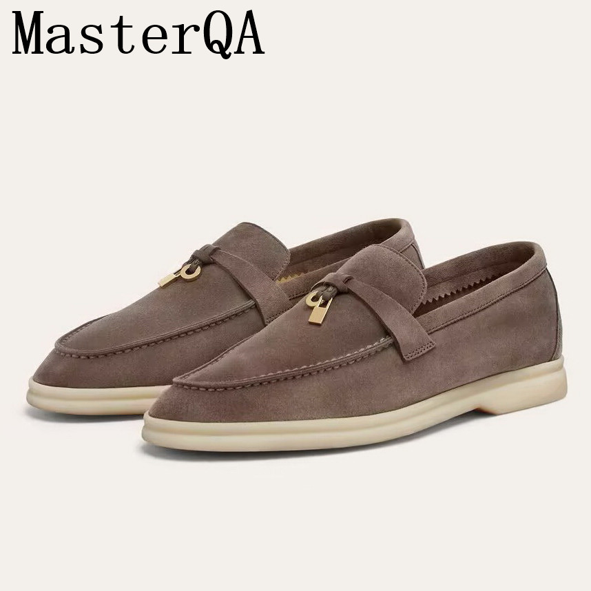Lora Pianno Shoes Suede Loafers Womens Slip-on Shoes Soft Comfortable Moccasin Genuine Leather Designer Lock Charm Casual Flats For Driving Walk Mules Light Coffee