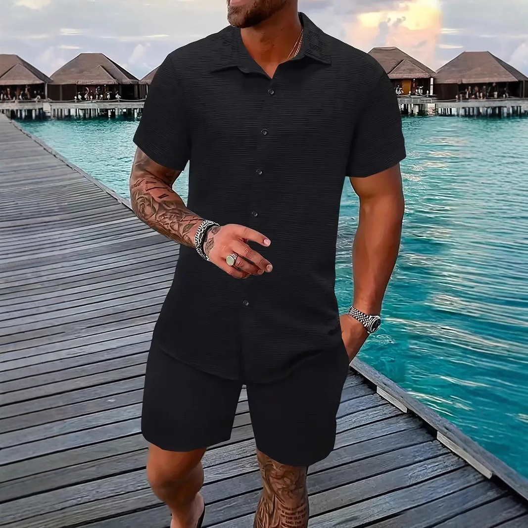 2025 Summer Jacquard Black and White Solid Color Set Short Sleeve Mens Vacation Casual Style Shirt Shorts Two Piece Set