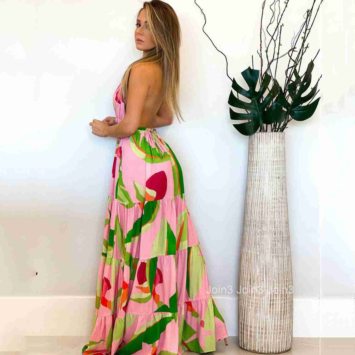 2025 Spring/summer New Womens Deep V-back Dress Bohemian Floral Strap Long Dress for Women