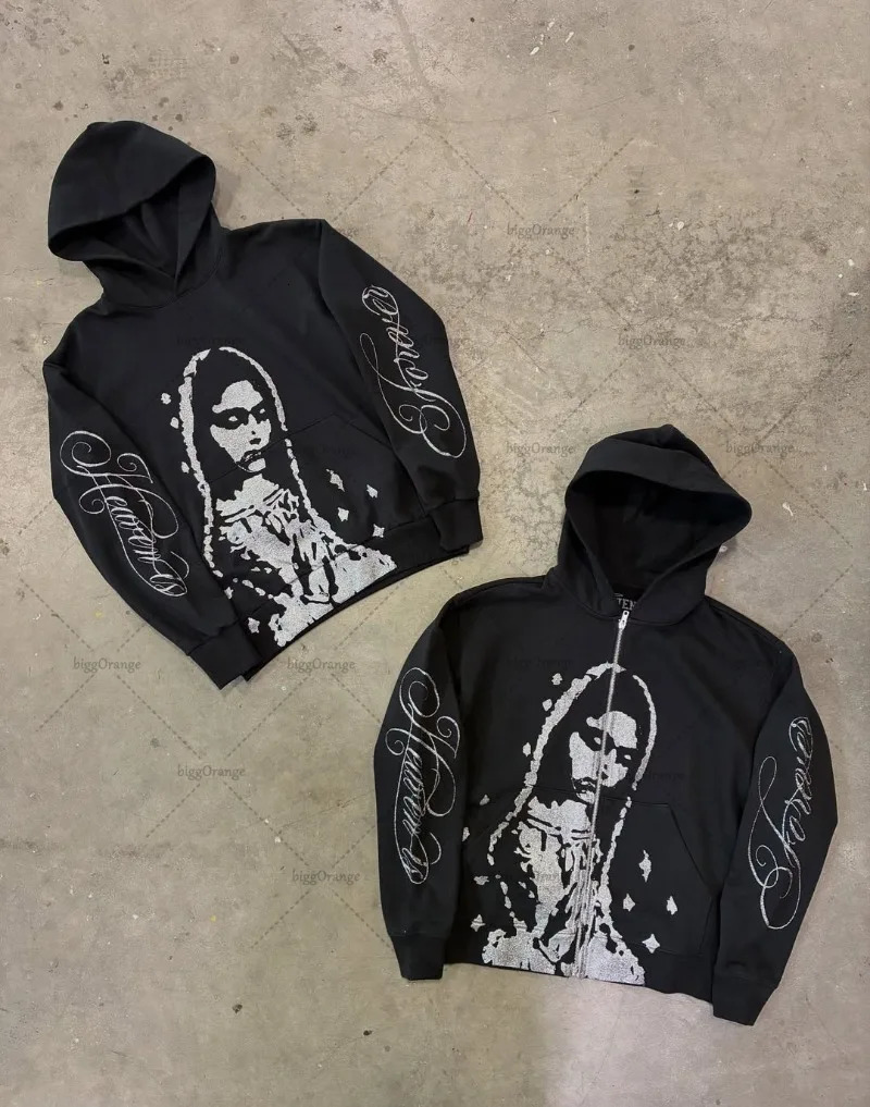 Street Hip-hop Casual Retro Black Loose Zipper Hoodie Men Summer American Y2K Harajuku Punk Goth Fashion Oversized Sweatshirt 251113