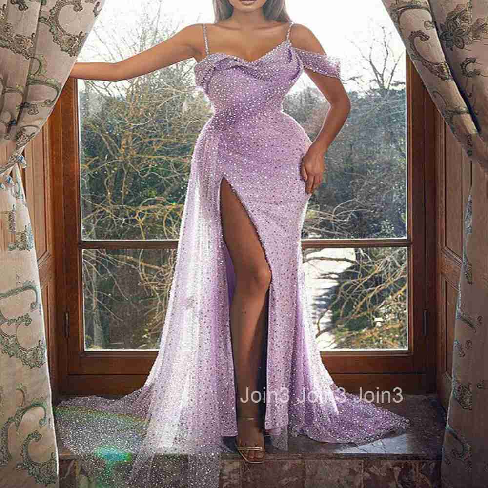 2025 New Womens Dress with Camisole Long Skirt Slit Sequins Irregular Evening Gown