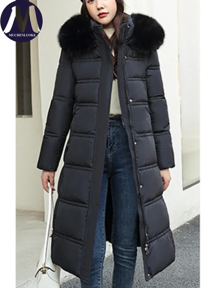 Womens Slim Fit Long Parkas Hooded Jackets Fur Collar Below The Knee Korean Fashion Warm Coats Autumn Winter 251110 - view 3