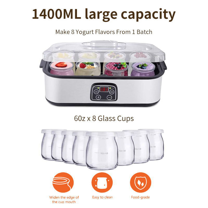 Yogurt Making Machine 1400ML Large Capacity Milkshake Jam Ice Cream Maker Stainless Steel Yogurt Pudding Maker with 8 Glass Jars Kitchen Application L
