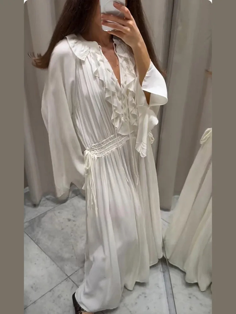Elegant white loose Guaze long dress womens casual V-neck Flare full sleeve long dress womens street office dress 250415