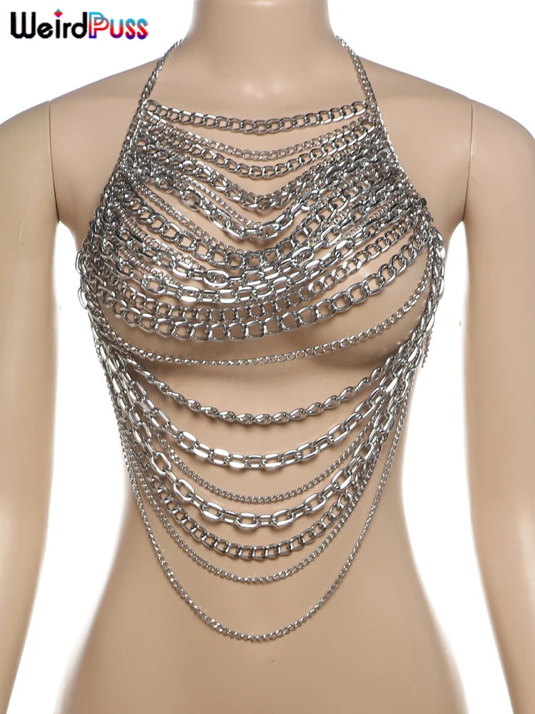 Weird Puss Hollow Chain Camisole Women Y2K Sexy Summer Coquette Backless Low-Neck Halter Midnight Clubwear Beach Vacation Vest 250415