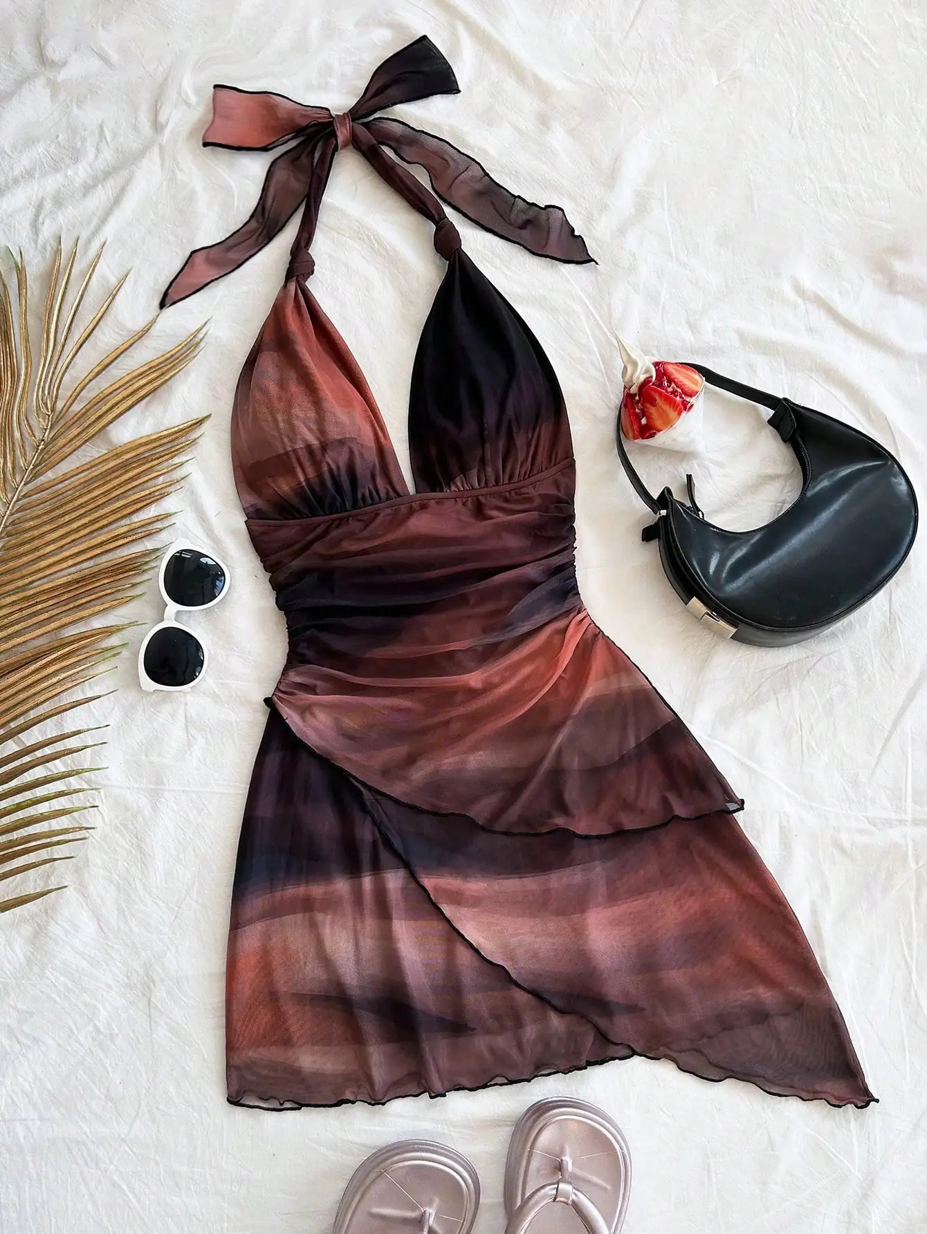 2025 Europe and the United States Fashion Gauze Printed Neck Sleeveless Sexy Tight Deep V Short Sexy Pure Backless Dress 250415