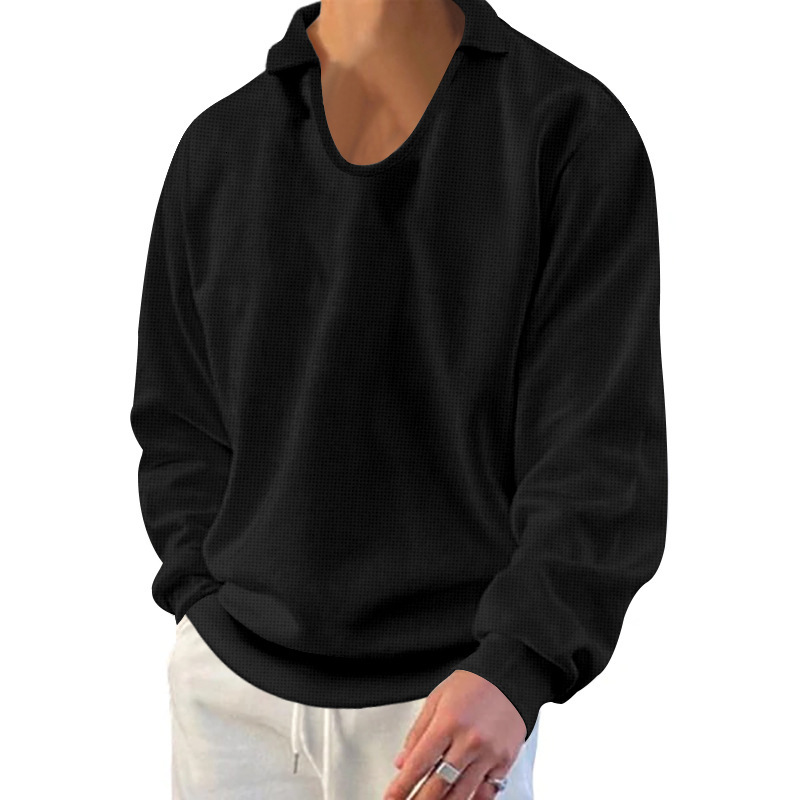 2025 Spring and Autumn New Men's Polo Long Sleeve T-shirt Fashionable Slimming Waffle V-neck Loose Top