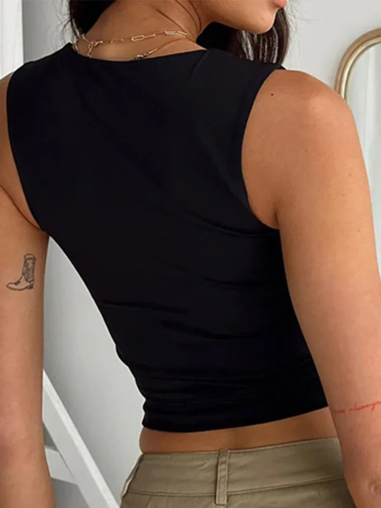 Sleeveless collar crop womens vest top casual Y2K summer 2024 black sexy Tshirt 250407