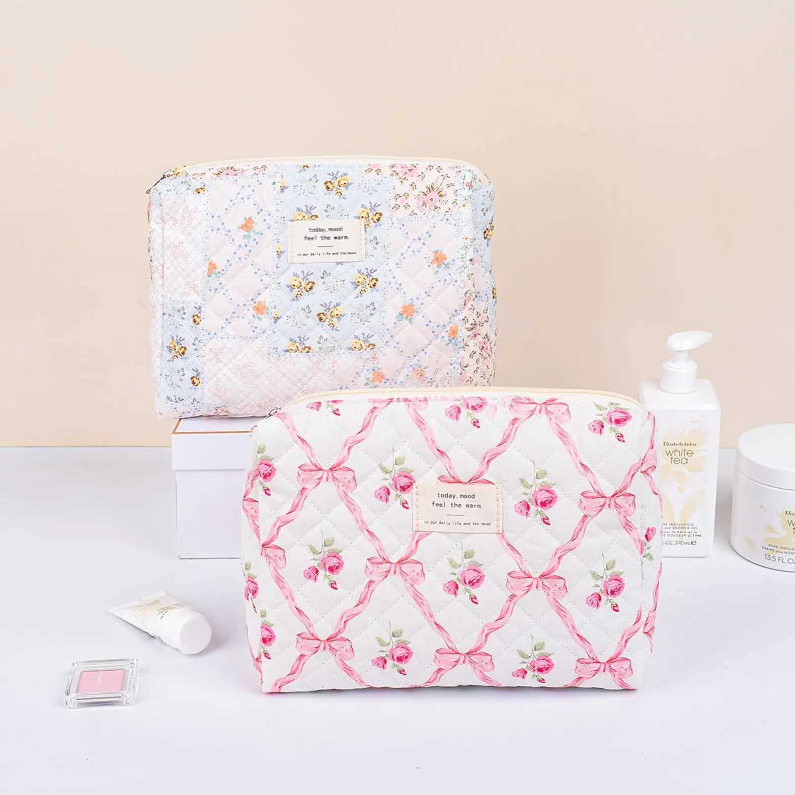 Fi Retro Flower Womens Makeup Bag Cott Handbag Portable Womens Cosmetics Storage Handbag Travel Organizer Zipper Quilt Cover BagXJ250415