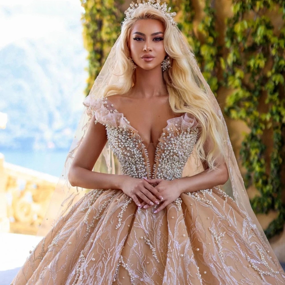 Illusion Ball Gown Wedding Dress Sweetheart Neck Off Shoulder Bridal Gowns Sequins Pearls Sweep Train Dresses Custom Made vestidos de novia