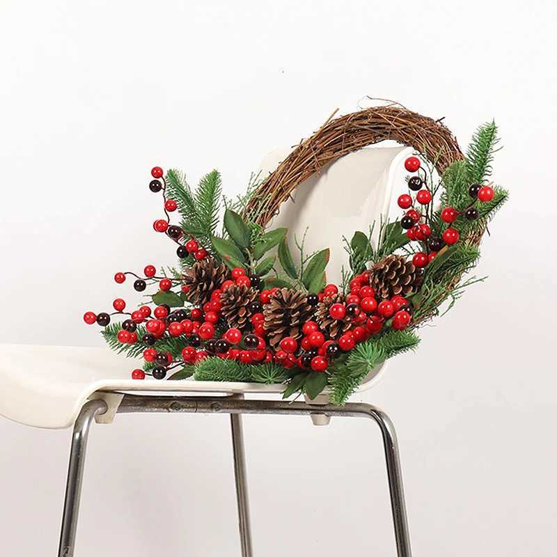Christmas Rattan Wreath Pine Natural Branches Berries Pine Cones Christmas Wreath Supplies Home Door Decoration For New YearsM251115