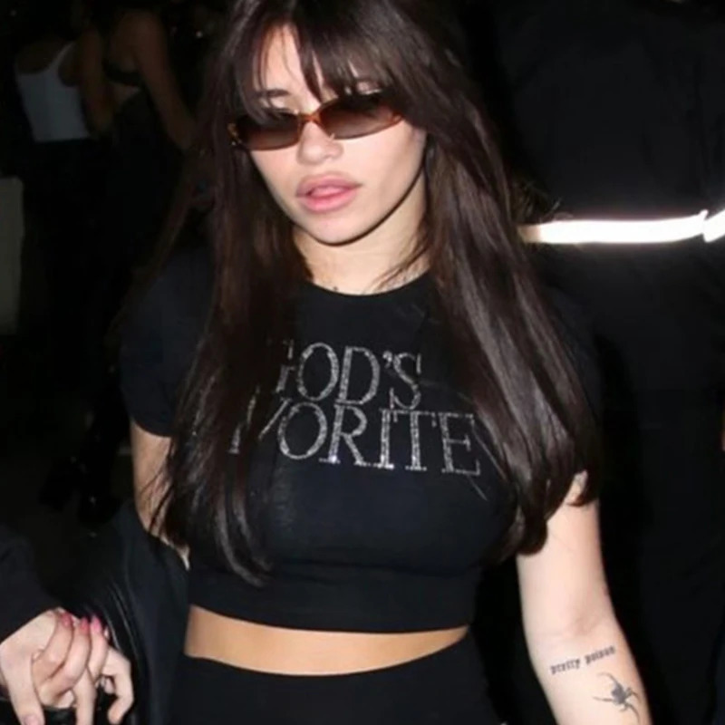 Gods Favorite Rhinestones Aesthetic Women Y2k Clothes Vintage Tops Fairy Grunge Graphic T Shirts Slim Short Sleeve Crop Top 250415