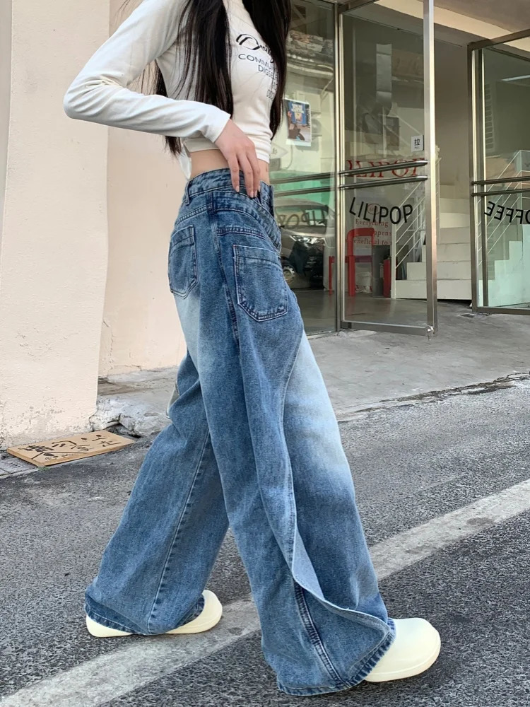 Garbage Y2K 2000S washed blue pocket stacked jeans 90s retro ner clothing wide leg womens Trouser Ropa De Mujer 250414