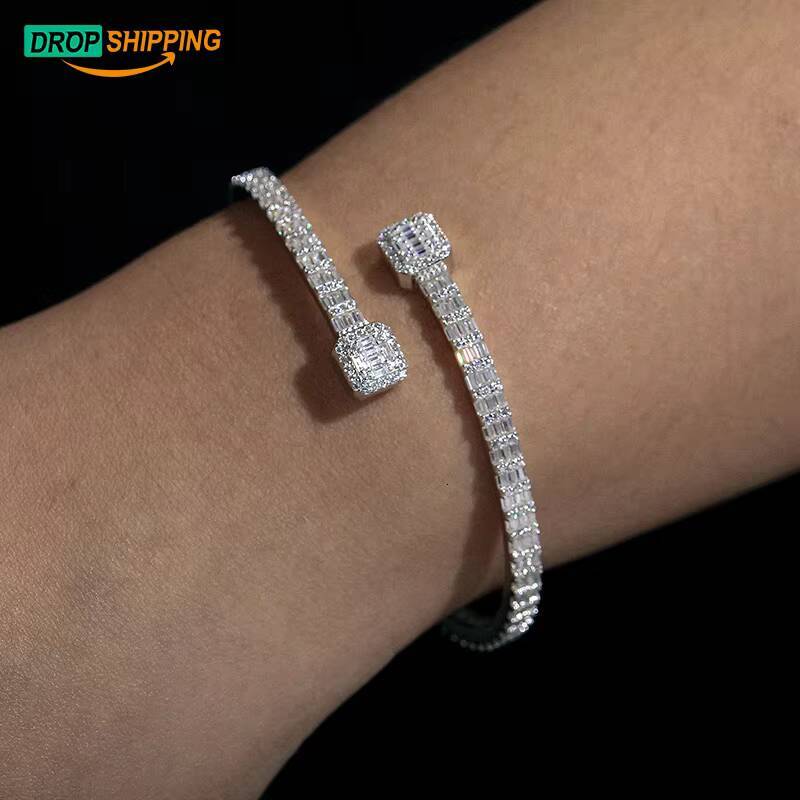 Drop Shipping Fine Women Jewelry 38mm Width 925 Sterling Silver VVS Baguette Moissanite Diamond Famous Brand Cuff Bangle