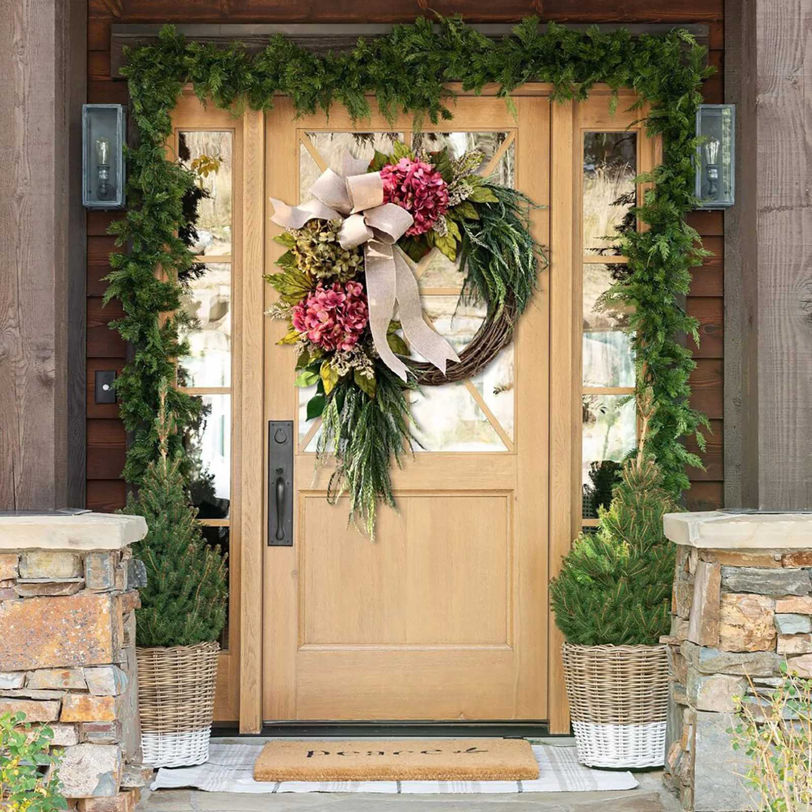 Wreath for Front Door Artificial Spring Summer Hydrangea Decoration Wreaths with Flowers Branch for All Seasons Farmhouse HomeM251115