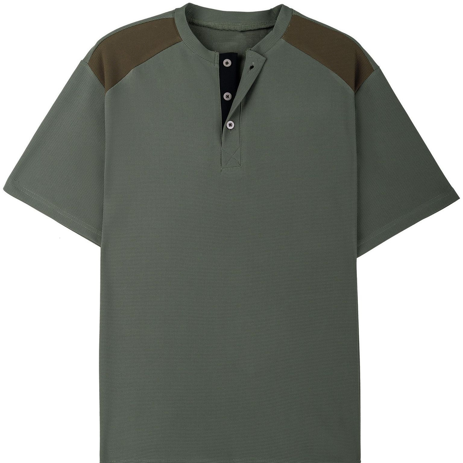 New fashionable mens Henry shirt casual breathable buckle V-neck color blocked short sleeved mens T-shirt top