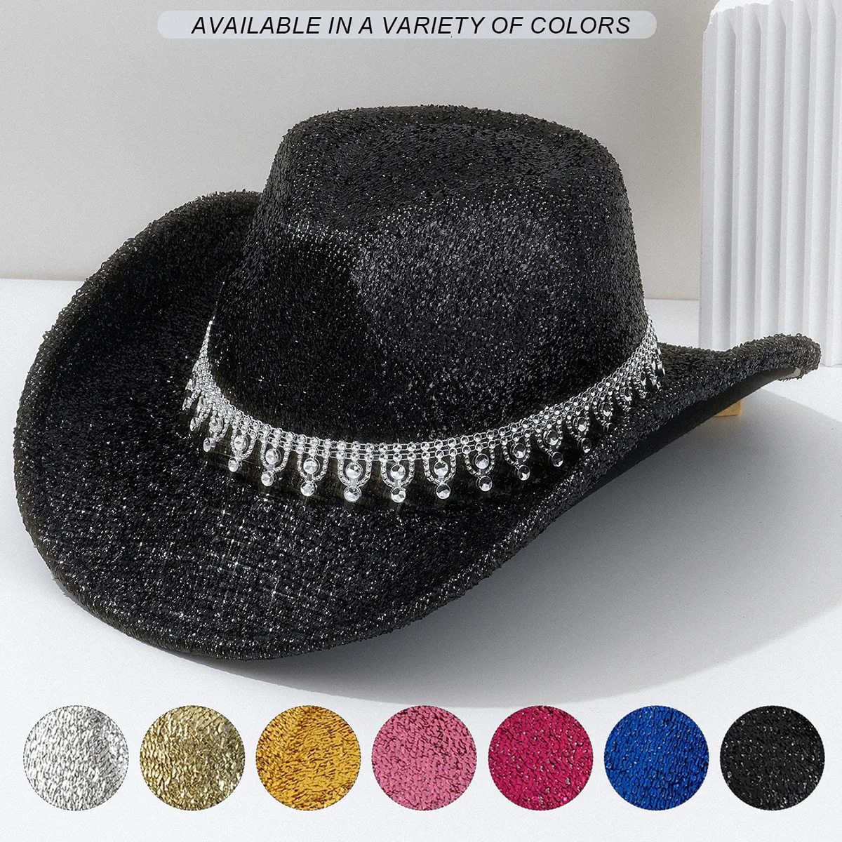 A Lady Western cowboy hat with Rhinestone ribbons sparkled silver jazz hat of all seasons for men to party in retro felt hats 250407