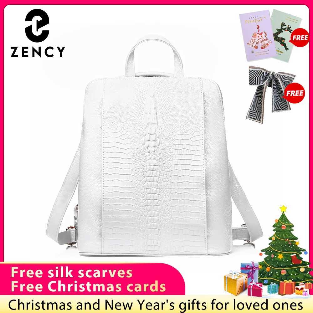 Zency 100 Genuine Leather Pure White Knapsack Ladies Crocodile Pattern Women Backpack Fit A4 Magazine LaptopW251114
