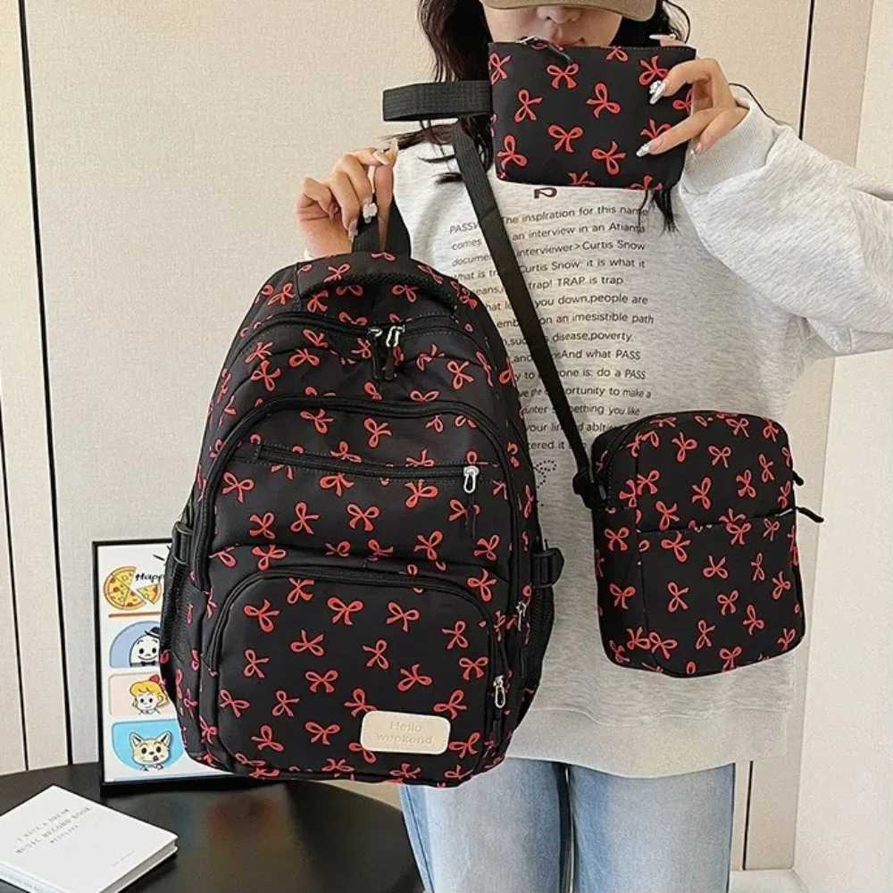 3 Pcs/Set Fashion Large Capacity Bow Backpack Bow Print Nylon School Bag Adjustable Strap Student BackpackW251114