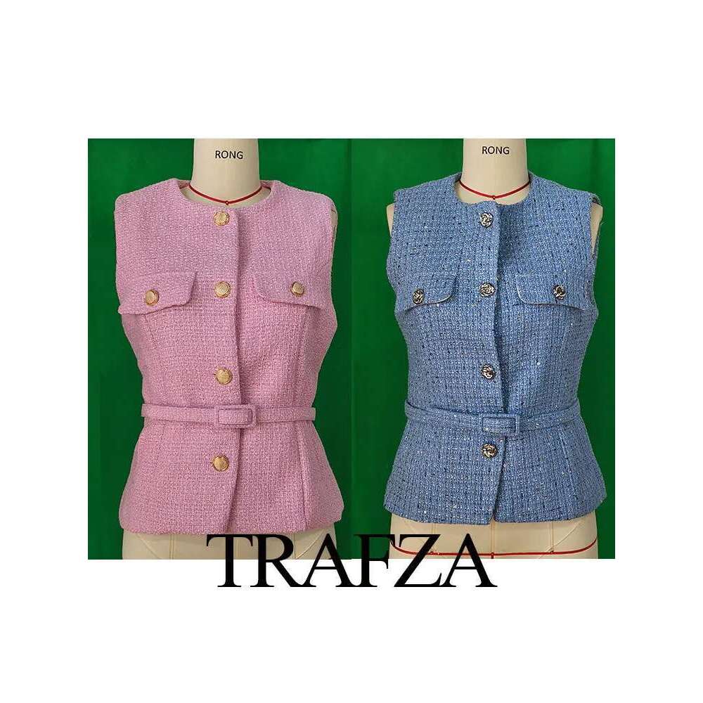 TRAFZA 2025 Woman Button Pockets Decoration Casual Slim Waistcoat Women Chic O-Neck Sleeveless Texture Vest Top Mujer
