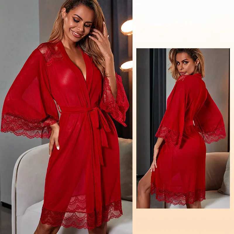 Robe Womens Mesh Lace 3/4 Sleeve Spring Summer Bathrobe Sexy Sleepwear Dressing Gowns Female Thin Nightwear Kimono Shower Robe C251115