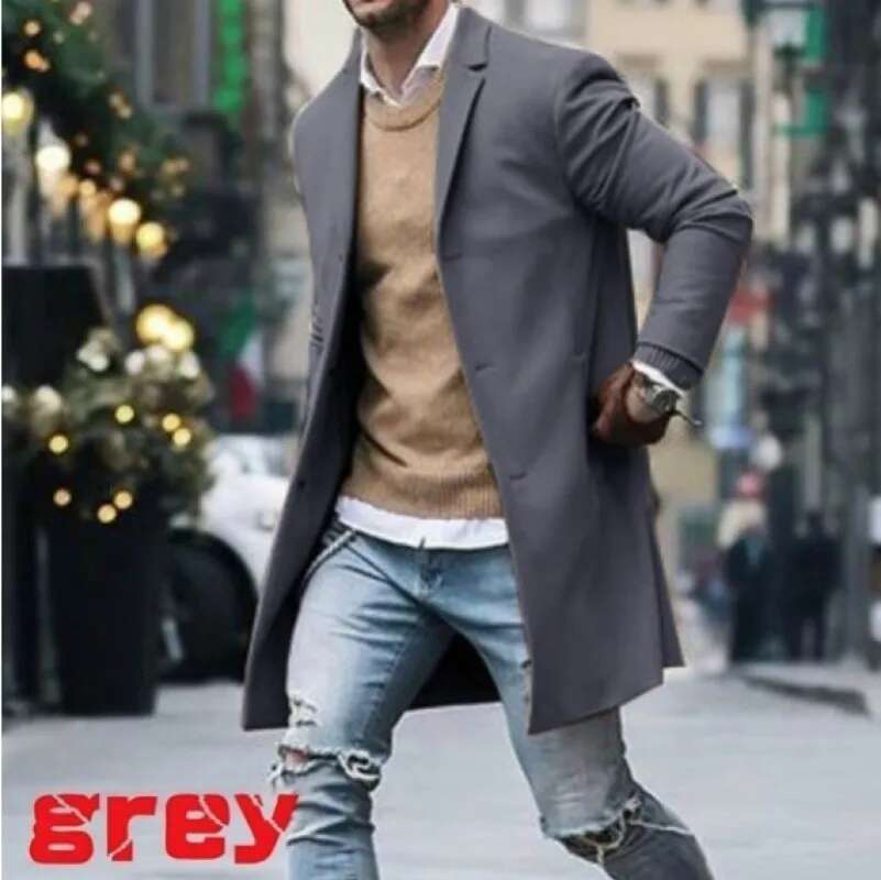 2023 Autumn/Winter New Solid Color Men's Mid Length Woolen Coat Slim Fit Large Single Breasted Windbreaker