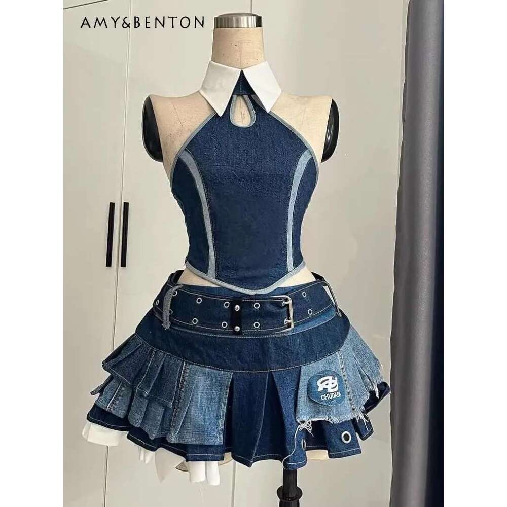 Spice Girl Retro Splicing Neck Tube Top Irregular Multi-Layer Denim Tutu Skirt Versatile Two-Piece Set For Women