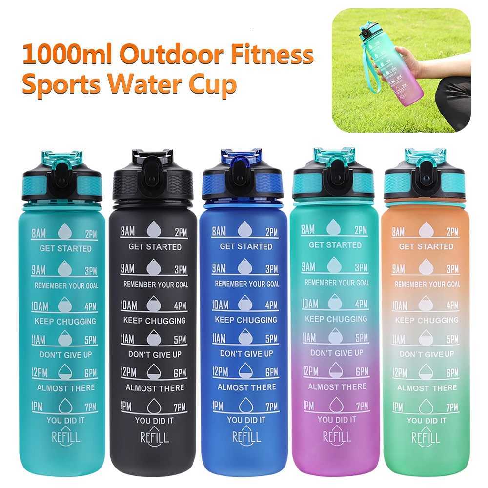 1L Sports Water Bottle Straw Cup 1 Litro with Time Maker Leak-Proof BPA Free Frosted Cup For Outdoor Sports Drinking BottleW251114