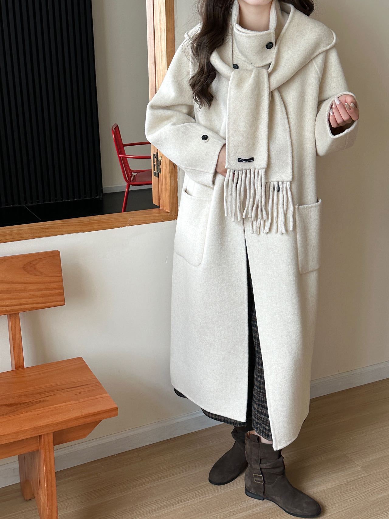 Scarf Style Double-Sided Cashmere Coat for Women Mid-Length 2025 Autumn Winter New High-End Korean Version Loose Woolen Jacket 241129