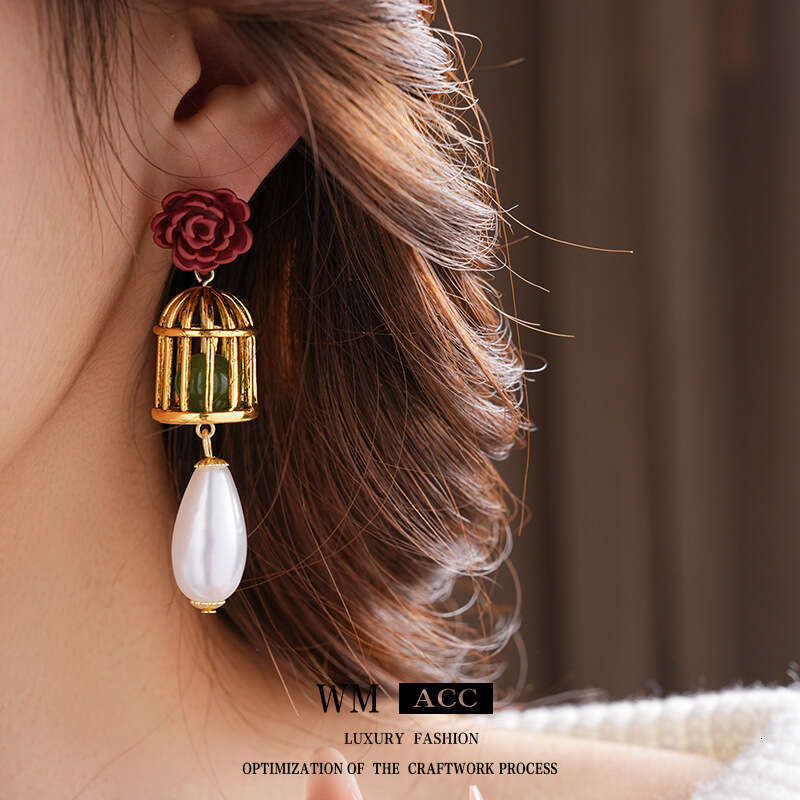 Vintage Sier Needle wer Birdcage Water Drop Pearl Light Palace Style High End Earrings