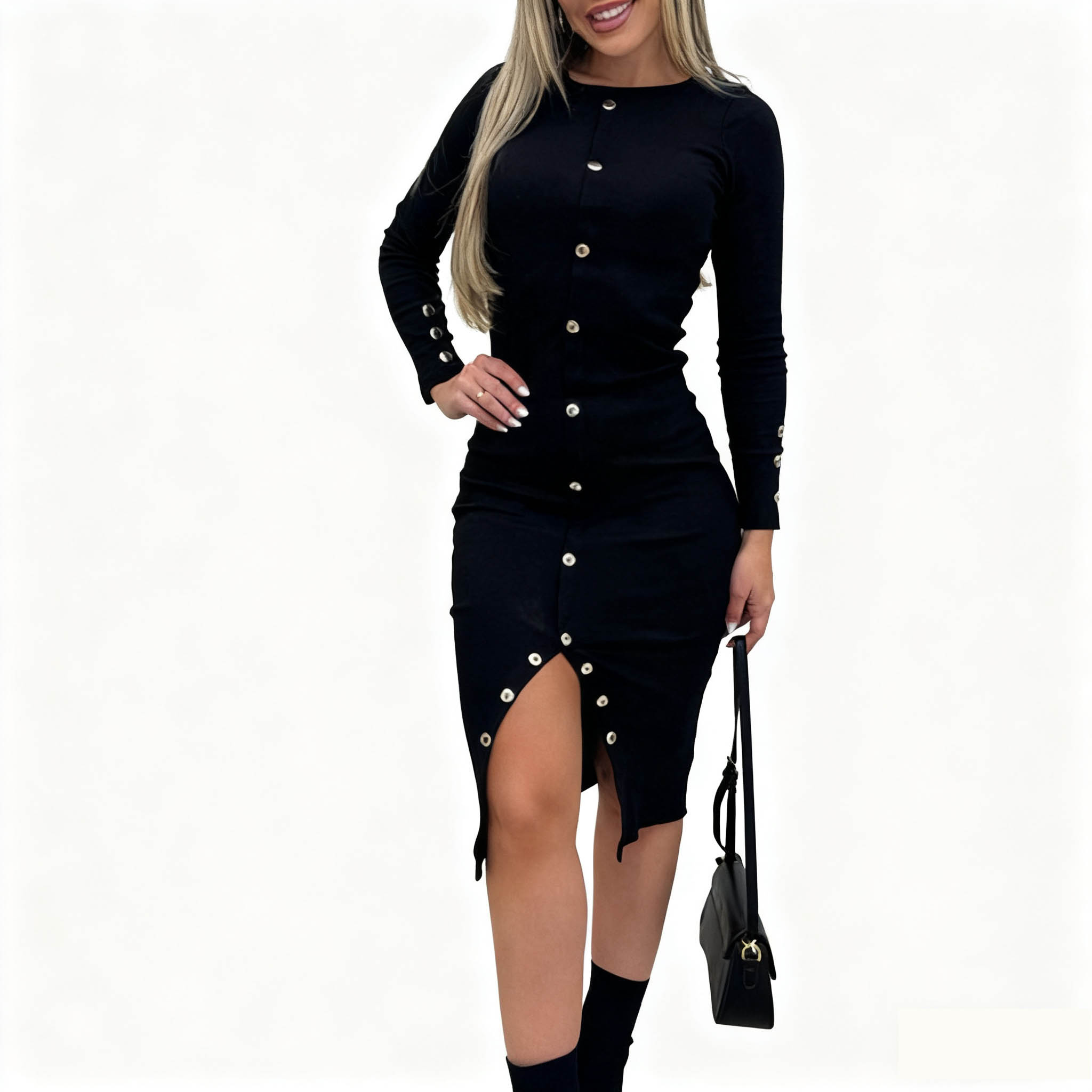 Urban Sexy Dresses Women's Black Button-Front Bodycon Midi Dress - Long Sleeve Asymmetric Split Slim Fit Dress, Elegant Evening Party & Casual Fo