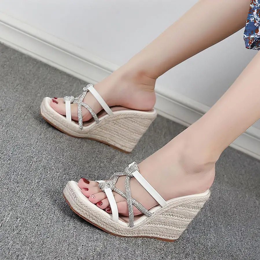 Womens leisure platform slippers summer sandals wedge high heels slippers womens mule shoes large size 43 44 45 250411