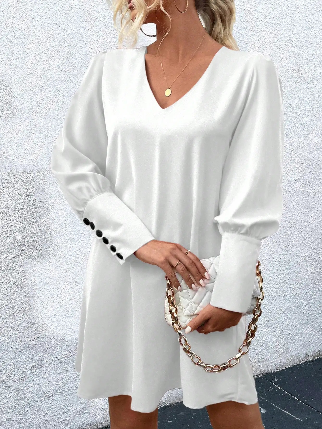 Spring and summer plus size casual n loose long sleeved slim fit Vneck solid color retro button womens dress 250407