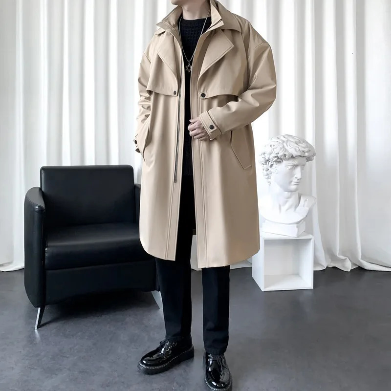 Autumn Mens Windproof Machine Two Piece Double Collar Windproof Machine Medium Length Jacket Business and Leisure Mens Jacket 250415