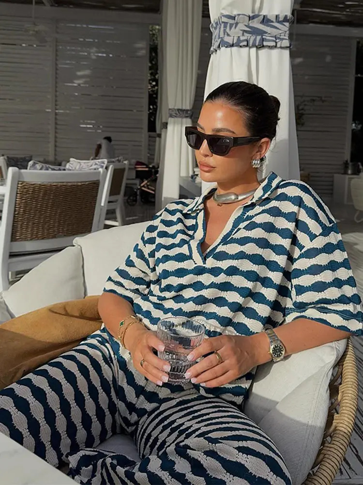 Striped pants womens set casual collar short sleeved T-shirt set loose waist wide leg pants womens set summer womens streetwear 250415