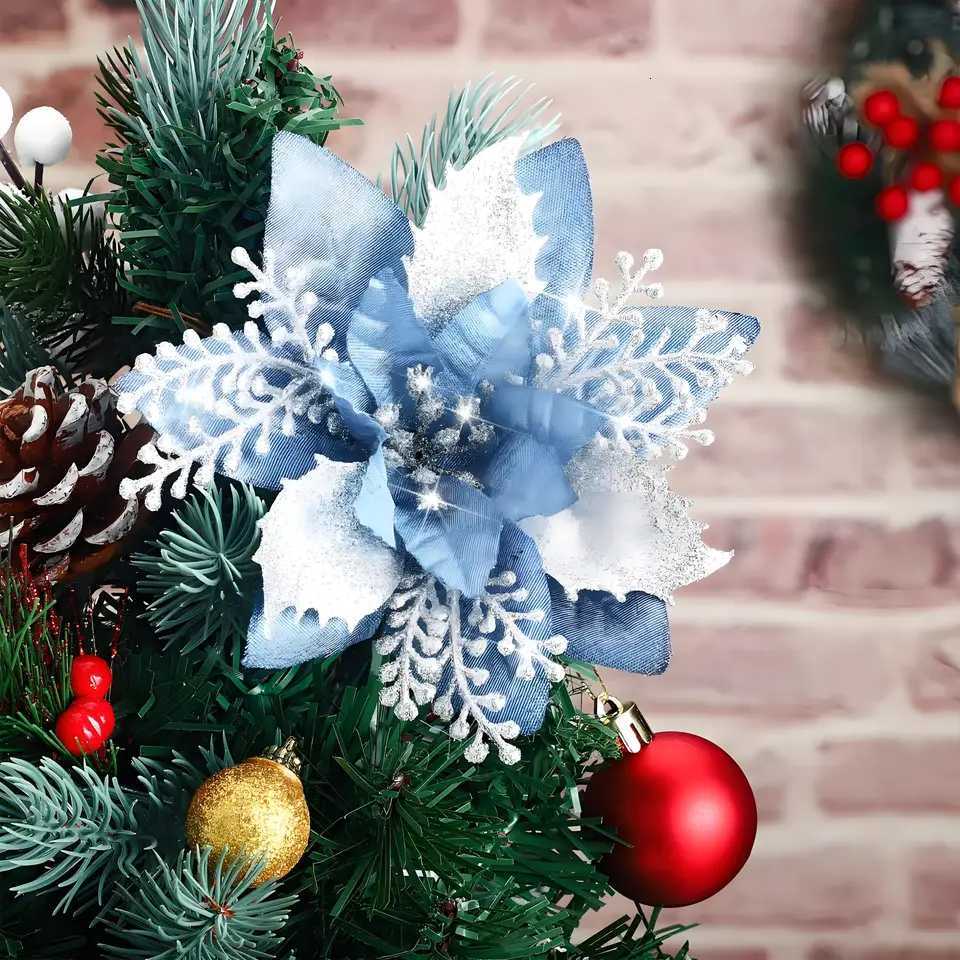 20-Pack Glitter Poinsettia Floral Clips 57 Inch Christmas Tree Ornaments for Wreaths Garlands Holiday DecorM251115