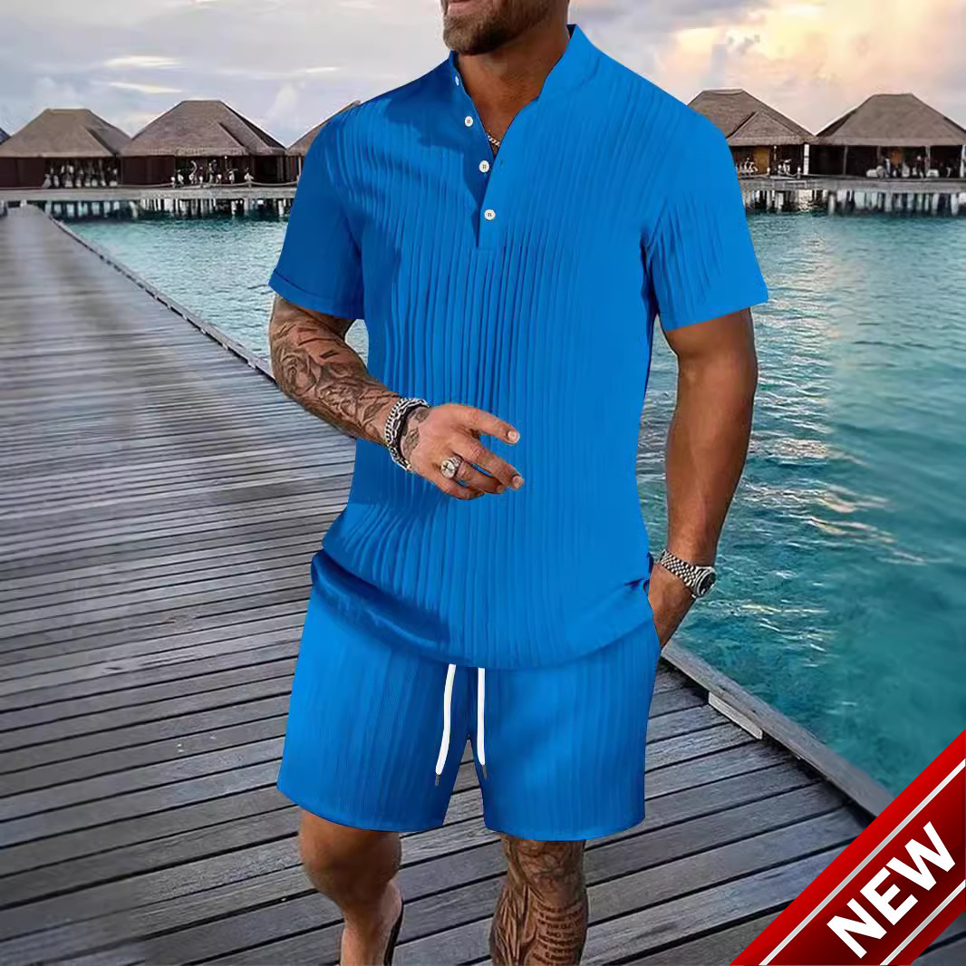 Summer fashion short sleeved casual mens set beach wear stand up collar shirt shorts 2-piece set