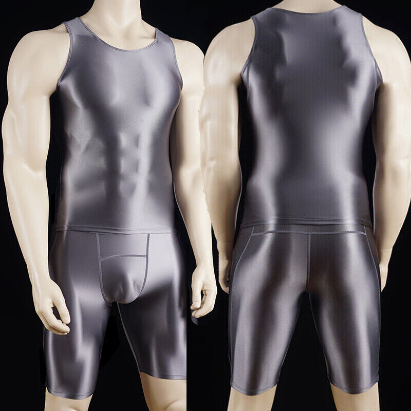 Stretch Men Tracksuits Vest Tanks Shiny Sports Fiess Running Sets Tops+Shorts Tops+Shorts